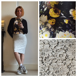 Zara white lace skirt, warehouse cropped top, Boden cashmere cardigan