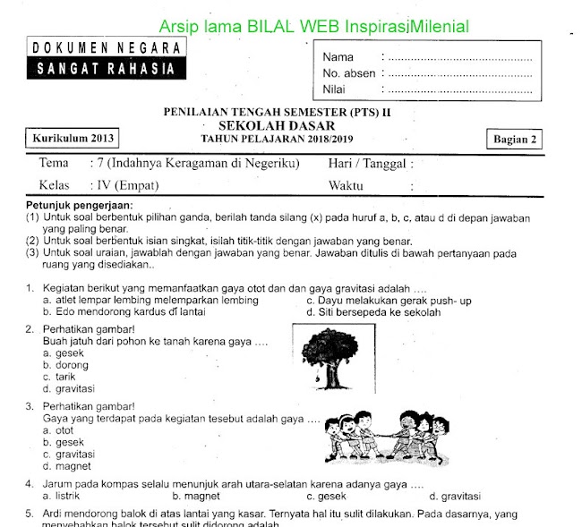 Download Soal Penilaian Tengah Semester (PTS) Genap Tema 7 (Indahnya Keragaman Dinegeriku) Bagian 2 Kelas 4 SD Terbaru Tahun 2019