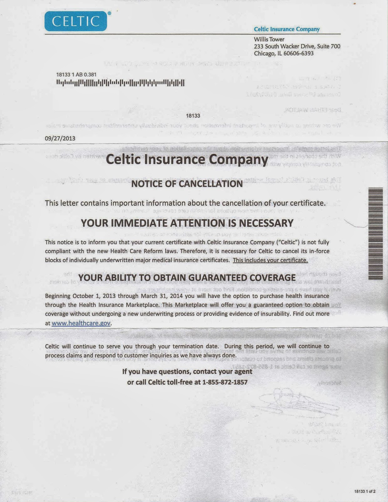 ObamaCare: Notice of Cancellation