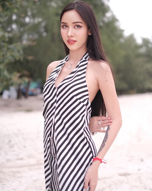 Saifhon – Most Beautiful Transgender in Black White Striped Dress on the Beach