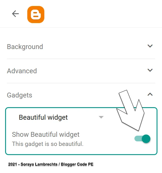 Gadget visibility option in the Blogger theme editor.