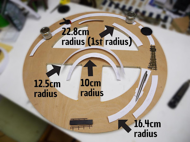 The earlier radii of track are now cut out to create templates, and laid on the board.