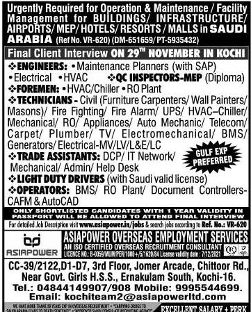 Facility management co Jobs for various projects in KSA