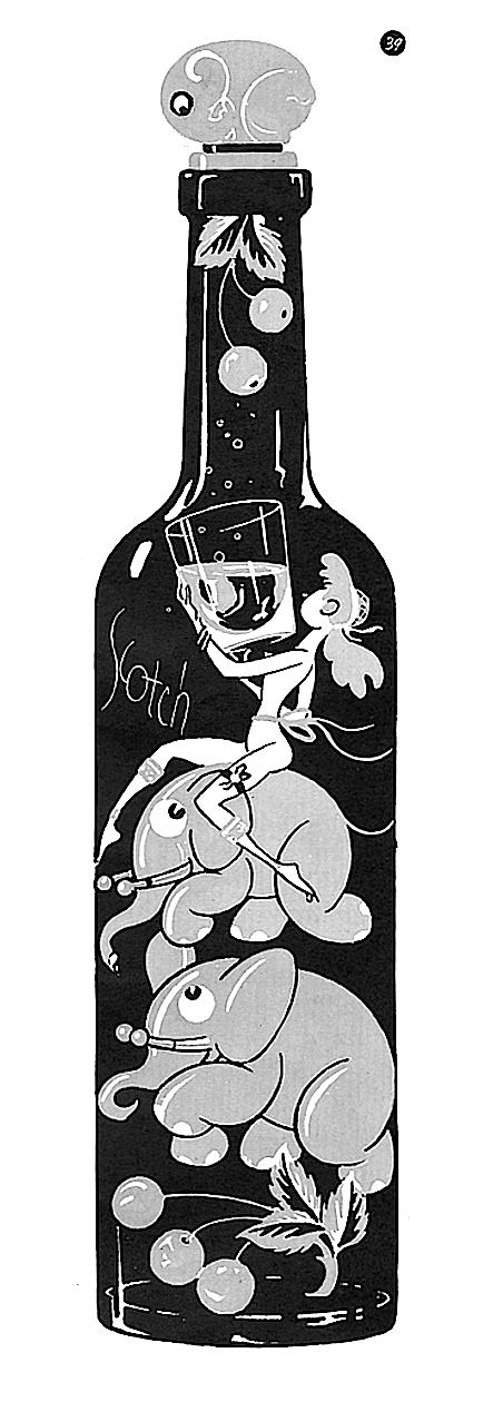 an FJ Garner 1950 illustration of a happy liquor bottle