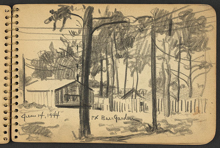 21-Year-Old WWII Soldier’s Sketchbooks Show War Through The Eyes Of An Architect - Beer Garden, Fort Jackson, South Carolina