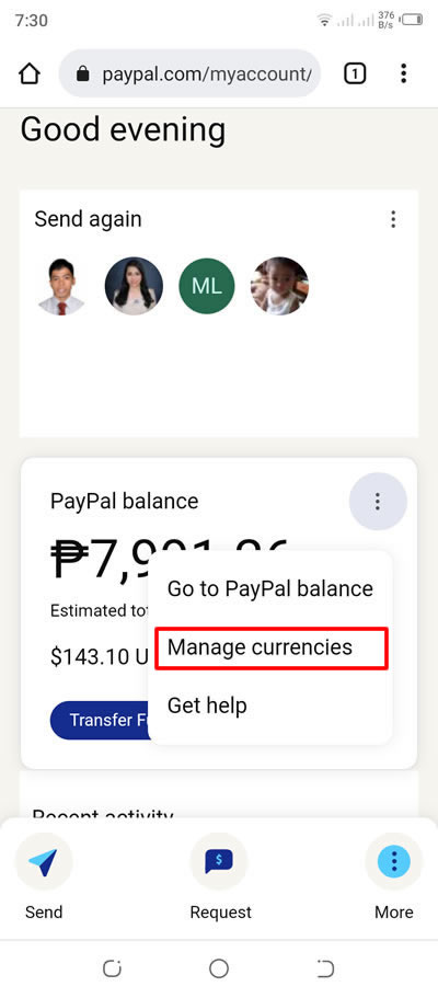 paypal manage currencies link