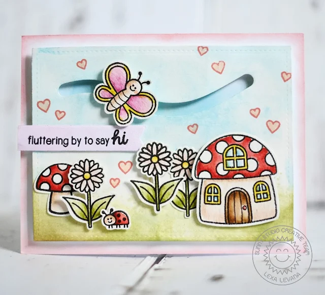 Sunny Studio Stamps: Backyard Bugs Fluttering By To Say Hi Butterfly slider card by Lexa Levana.