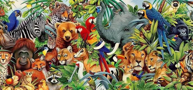 various species of wild animals poking their faces from tree bushes
