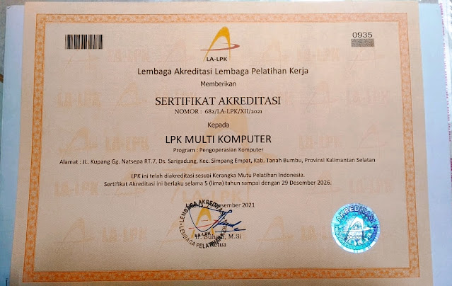 Sertifikat Akreditasi LKPK Multi Komputer 2021-2026