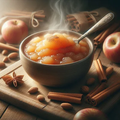 Das Bild zeigt eine Schale mit frisch gekochtem Apfelmus. Daneben liegen unbehandelte rote Äpfel sowie Zimtstangen, Anissterne und andere Gewürze.