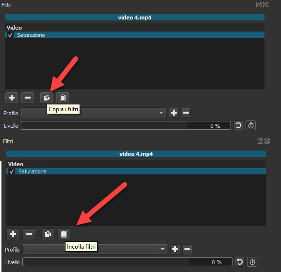 copiare e incollare i filtri su Shotcut