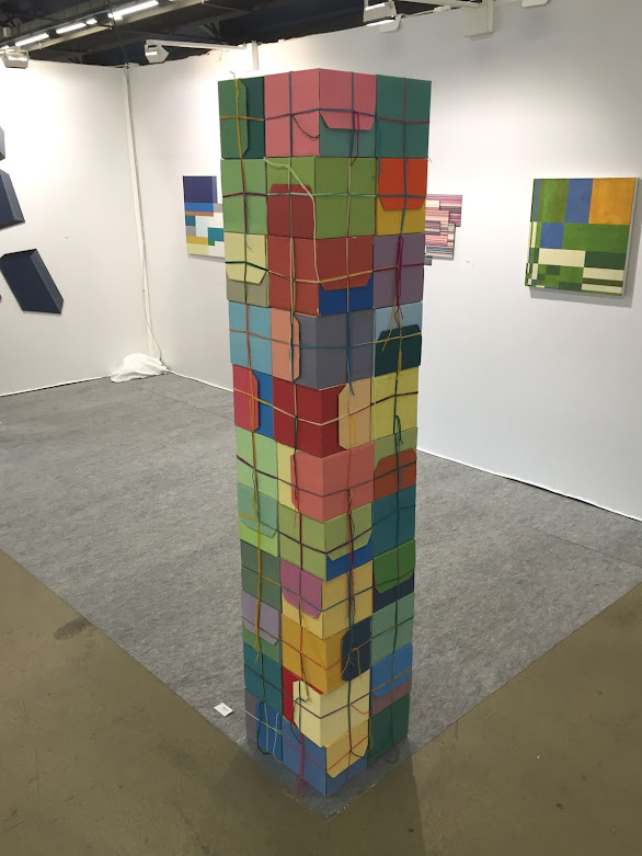 Cube Tower, acrylic on cardboard with yarn, 201cm x 36cm x 36cm, 2019