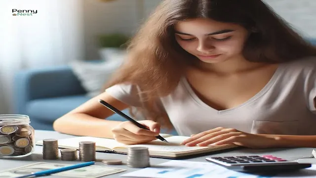 A person writing in a budget planner with coins and a calculator nearby, learning how to budget money.