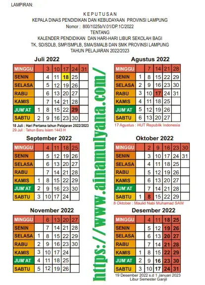 Kalender Pendidikan (Kaldik) Provinsi Lampung Tahun Pelajaran 2022/2023 untuk TK SD SMP SMA SMK
