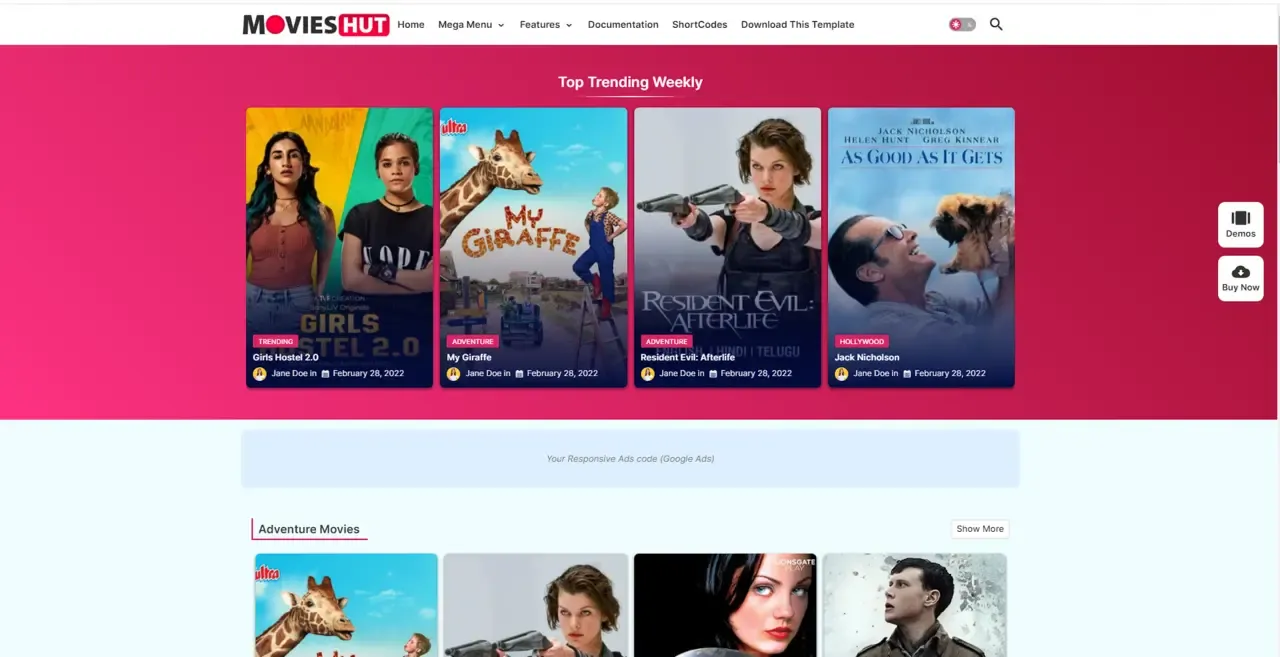Movie Hut premium blogger template free download.