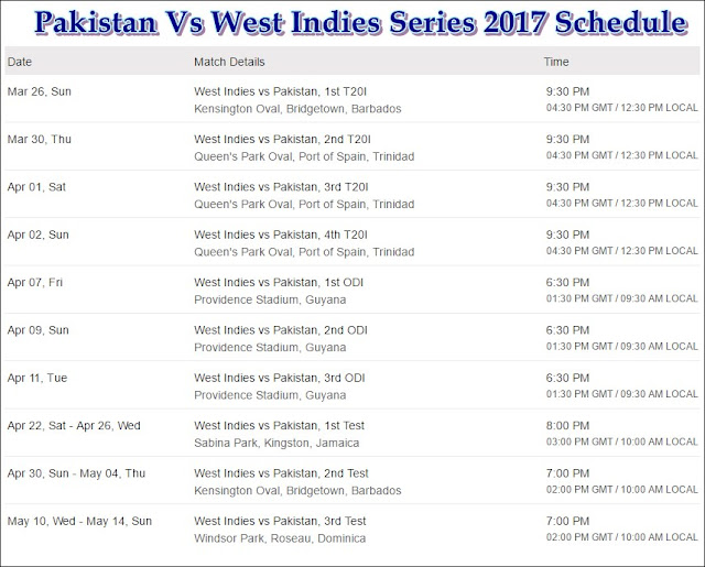 Pakistan Vs West Indies Series 2017 Schedule Released