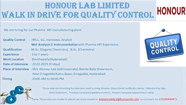 Honour lab | Walk-in for QC | 22nd Feb 2019 | Hyderabad