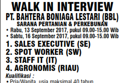 LOWONGAN KERJA TERBARU MEDAN SEP 2017 DI PT.BAHTERA BONIAGA LESTARI (WALK IN INTERVIEW)