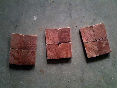 small end-grain tiles cross cut from an aged hardwood timber, possibly Black Walnut, formed into cute little bookmatched coasters, bookmatched walnut