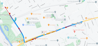 Map showing the regular route from the Blackwall tunnel to Bethnal Green