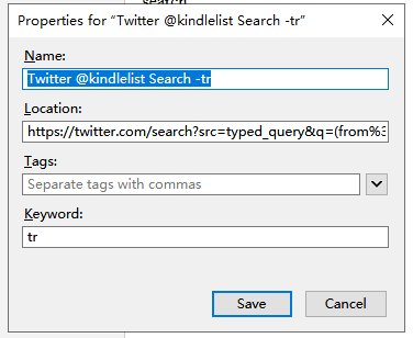 Firefox bookmark property box showing how to setup a keyword search for twitter. 
