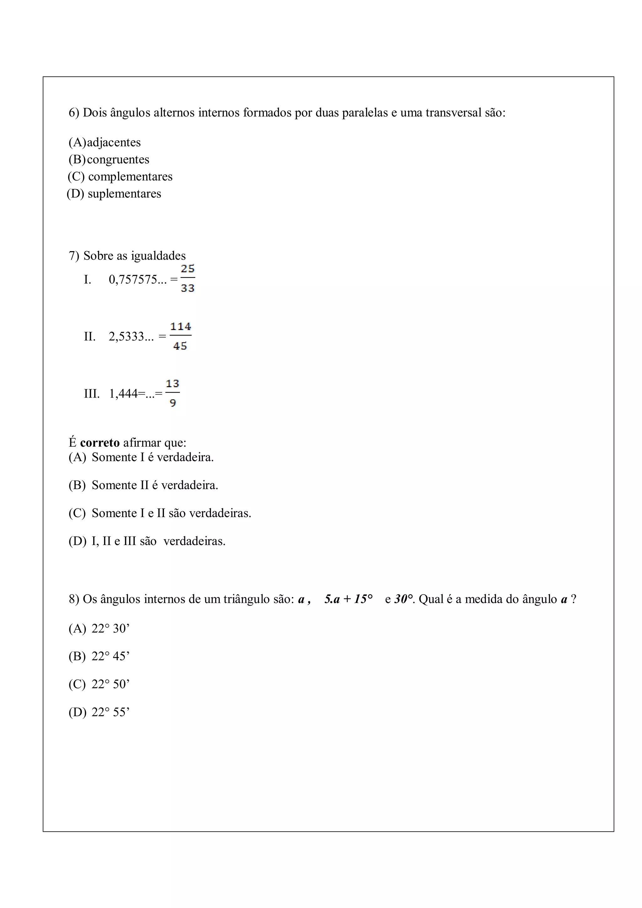 PROVA DE RECUPERAÇÃO MATEMÁTICA 8 ANO.