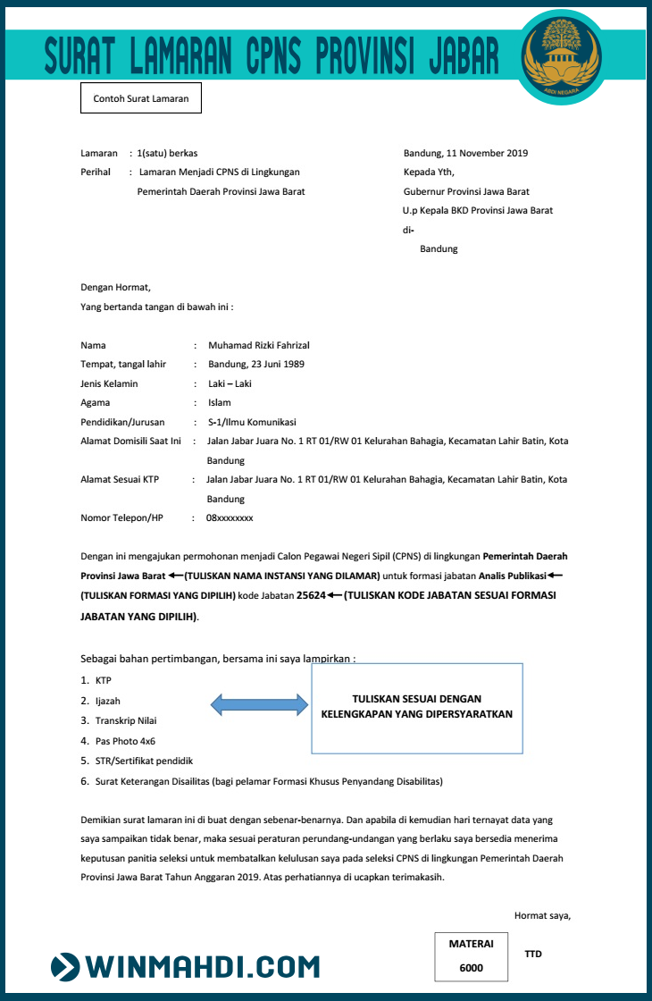 Contoh Format Surat Lamaran Cpns Provinsi Jawa Barat 2019
