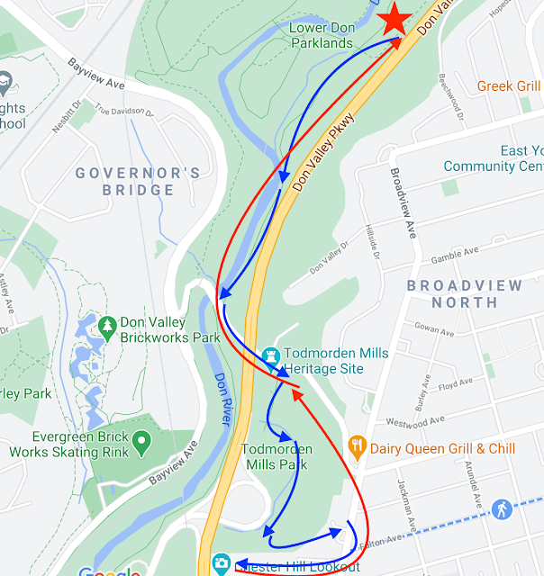 Map of suggested route for a hike in Todmorden Mills