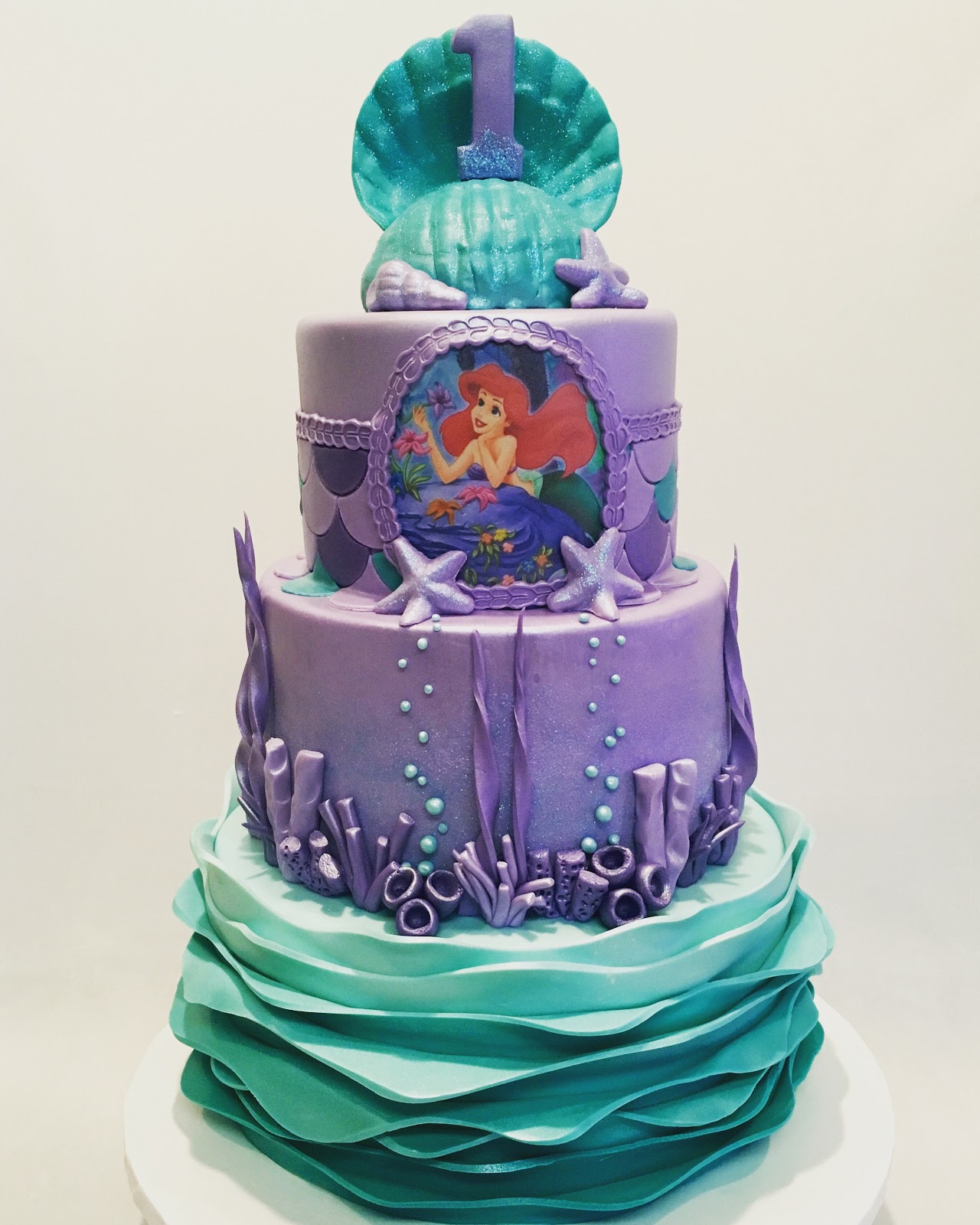 Mymonicakes Under The Sea Little Mermaid Theme Cake With Ombre Waves And Seashell Topper