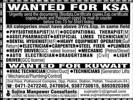 Job vacancies for KSA & Kuwait