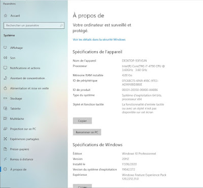 Page des informations systèmes sur Windows 10