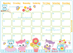 Mei 2015, kalender om te printen, maandkalender, mei, moederdag kalender, Moederdag, uiltjes kalender, bloemen kalender