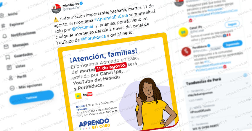 COMUNICADO MINEDU: Este martes 11 de agosto, el programa «Aprendo En Casa» se transmitirá solo por Canal Ipe, YouTube y PerúEduca