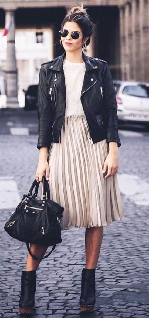 ootd_midi skirt + black biker jacket + bag + tee + boots