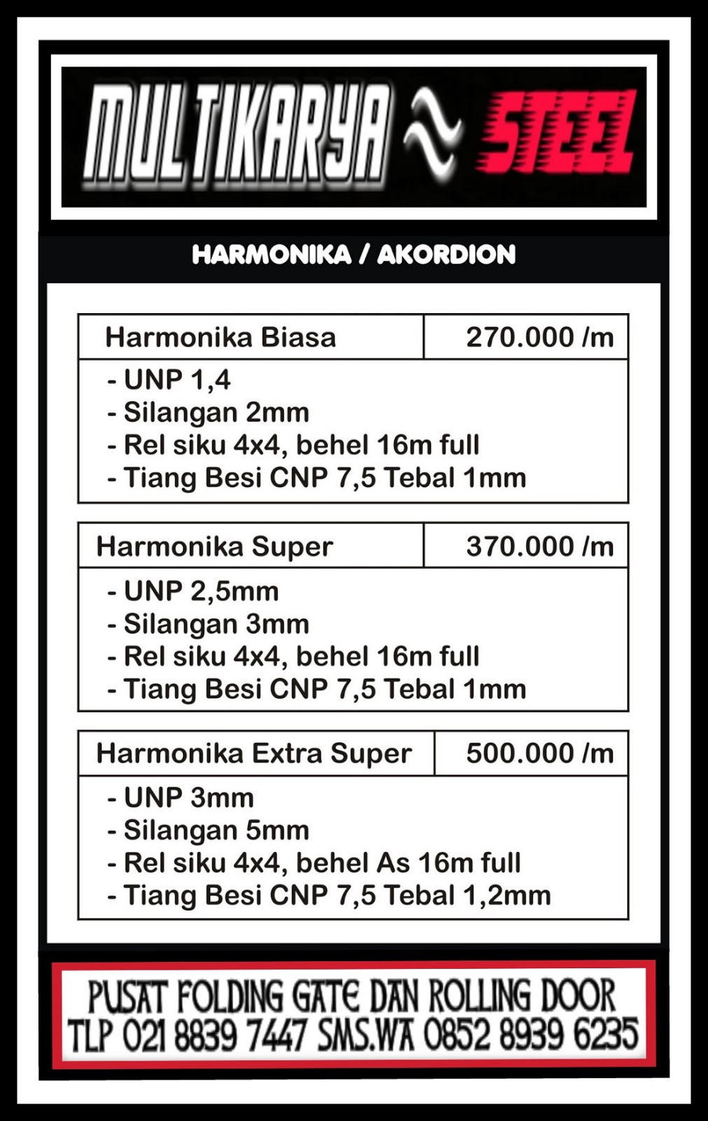 Daftar Harga Pintu  Harmonika Bekasi Murah FOLDING  GATE 