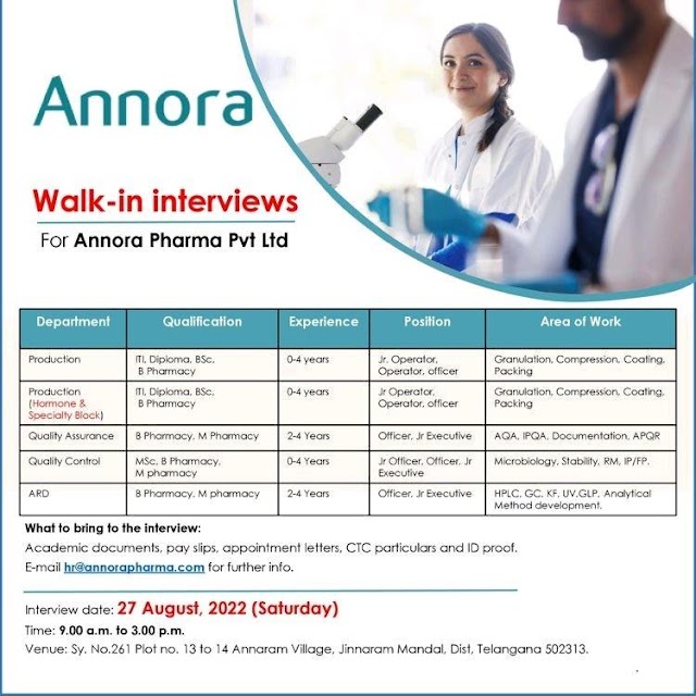 Annora Pharma | Walk-in interview at Hyderabad for Freshers and Experienced on 27th Aug 2022 