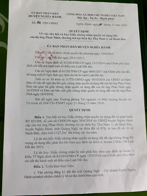 Quyết định thu hồi đất đã cấp cho ông Phan Ninh của UBND huyện Nghĩa Hành