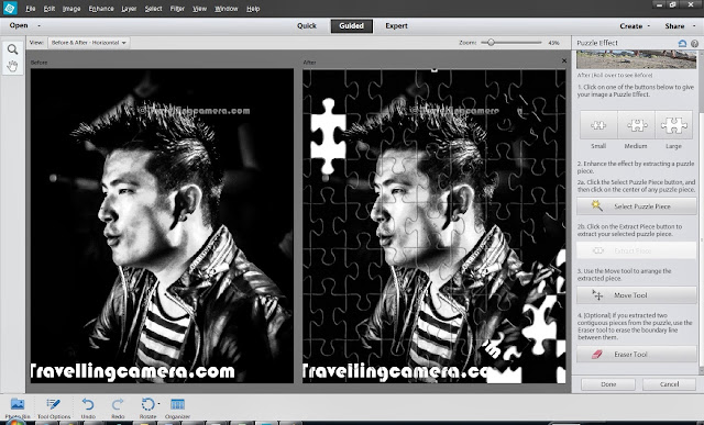 In our last post, we shared some of the sample photographs with new Puzzle Effect in guided edits of Adobe Photoshop Elements 12.0. But it purely about the results we can achieve. Let's check out the way we can proceed and apply this guided edit to our photographs.1. So let's choose the photograph which you want to use for applying Puzzle Effect. To open, go to File menu and click on Open option.2. When photograph is opened, go to Guided mode of Editor, which can be changed by clicking 'Guided' tab which is located on top bar and in middle of 'Quick' & 'Expert'.3. On selecting Guided Edit mode, we see lot of effects on right panel of Adobe Photoshop Elements 12.0. Scroll down and you will find 'Puzzle Effect', as shown in the image above.4. Here is the time, when we have to do the actual work. Now on the right you will see some guided steps and the first one is to select the size of puzzle blocks. we have 3 options - small, medium & large. Initially play with each of the option and settle down on one which looks best on your photograph. Bigger one looks better on photographs having least contrast and having uniform subject and uncluttered background.5. Essentially puzzle effect is applied on your photograph now, but it can made very interesting by extracting some of the puzzle blocks and place them randomly. So to do that, click on second button 'Select Puzzle Piece'. Click on any of the block which you want to move. At this point of time 'Extract Piece' will get enabled.6. Now you can move this block to a place of your choice. This block can be rotated by following the same process which we follow in Editor.7. We can extract multiple pieces and move them as per our choice. So keep doing till the point you find that it's adding value to your creation.8. Now you must be wondering about last option available - 'Erase Tool'. This tool is important if  you plan to remove two consecutive pieces of puzzle. At times, you will notice some distorted portions, which can be removed using this tool.So just try and share your experiences through comments.