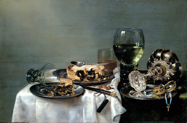 Willem Claeszoon Heda (1594-1680) Breakfast Table with Blackberry Pie and a berkemeyer lying ont the side, 1631 Huile sur panneau de bois, 54 x 8 cm Gemäldegalerie Alte Meister, Dresden