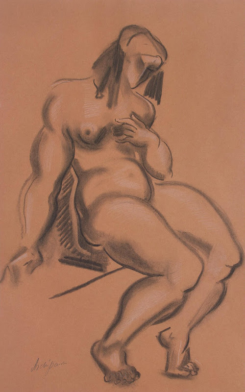 Seated Female Nude with Left Hand at Breast by Alexander Archipenko - Nude Drawings from Hermitage Museum