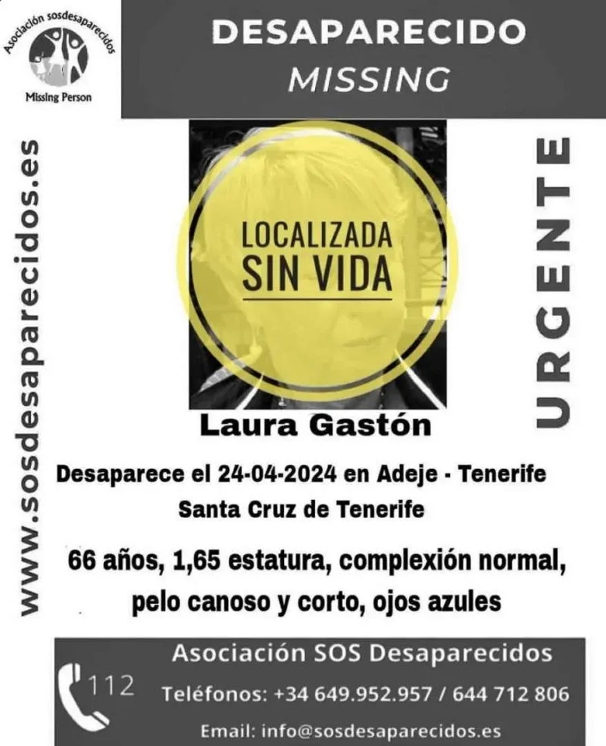 Cartel de SOS Desaparecidos informando la localización sin vida de Laura Gastón (Foto: SOS Desaparecidos).
