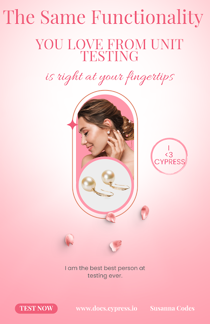 A fashion advert is repurposed to include the above quote about testing. The colour is pastel pink.