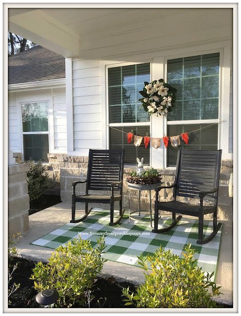 Early Spring Front Porch-Black-Rocking CHairs-Buffalo Check Rug-Magnolia Wreath-From My Front Porch To Yours