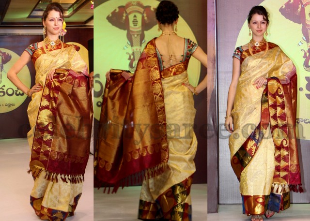 Cream Silk Saree with Back Neck Blouse