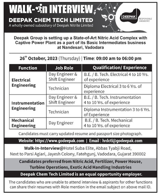 Deepak Chem Tech | Walk-in interview for Engineering & Maintenance on 26th Oct 2023