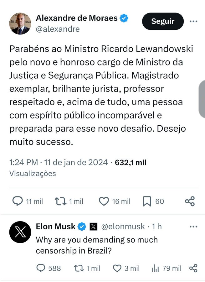 Elon Musk questionou Alexandre de Moraes sobre a exigência de tanta censura no Brasil