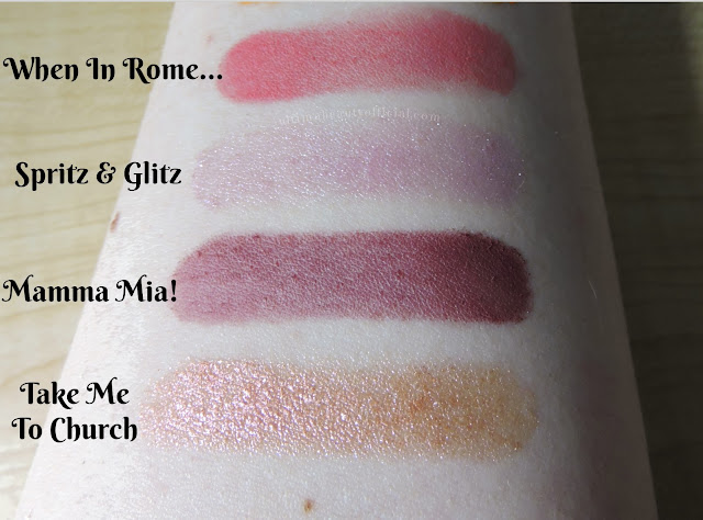 Eyeshadow swatches on Ultima Beauty’s arm When In Rome… – Bright Watermelon Pink, with a matte finish, Spritz & Glitz – Light Magenta, with blue & purple shimmer, Mamma Mia! – Deep Plum, with a matte finish, Take Me To Church – Cinnamon Brown, with rose gold metallic finish