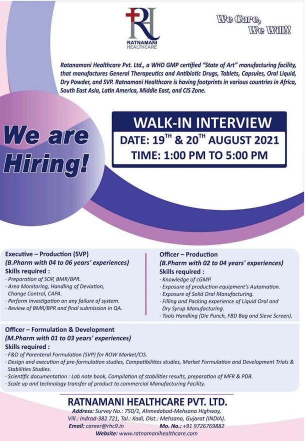 Ratnamani Healthcare Ltd Walk-In Interview