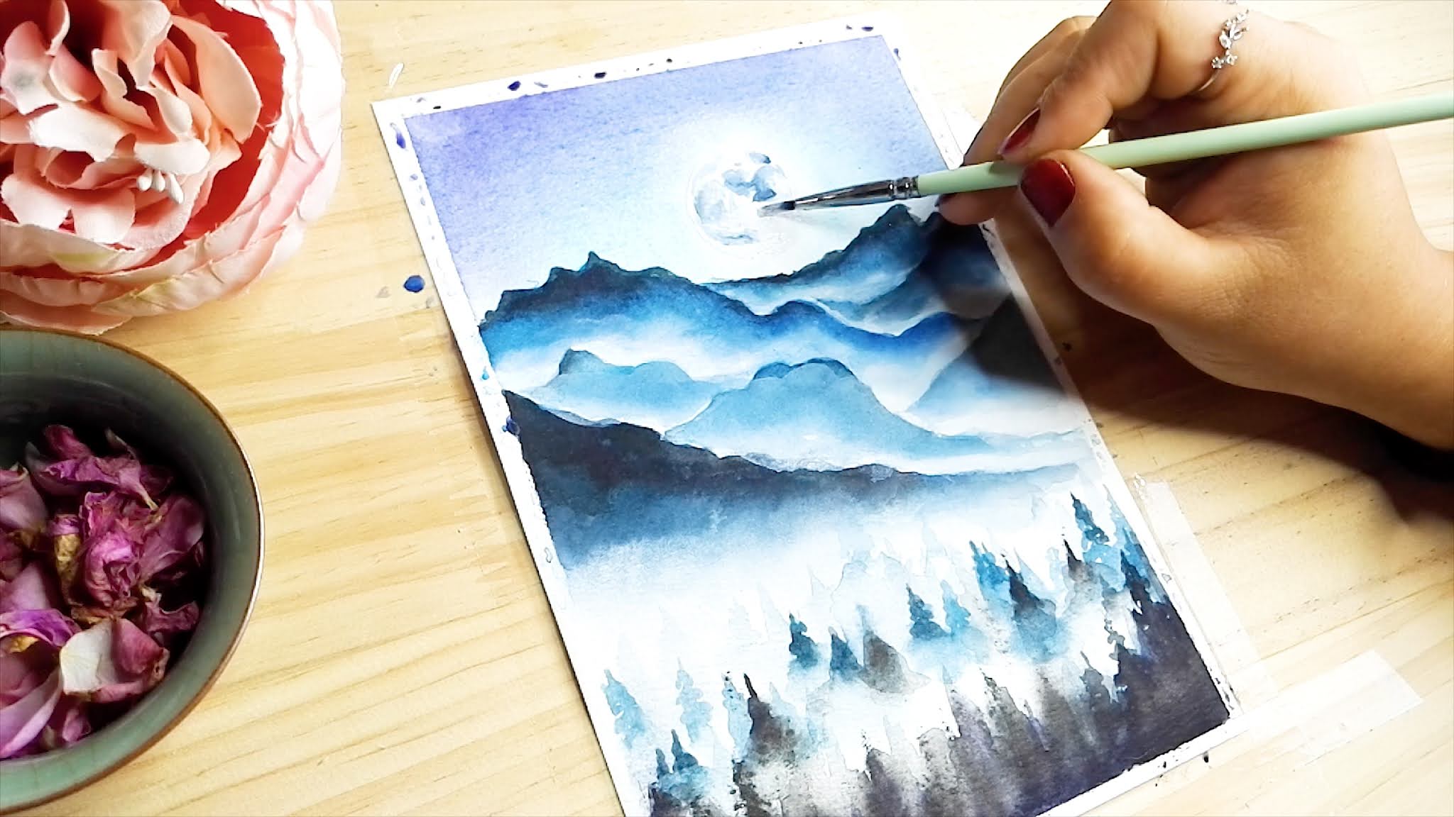 How to draw Watercolor sunset mountain landscape tutorial for beginner, come to my web class