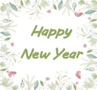 handwritten Happy New Year surrouded by a frame of fresh green foliage and spring flowers